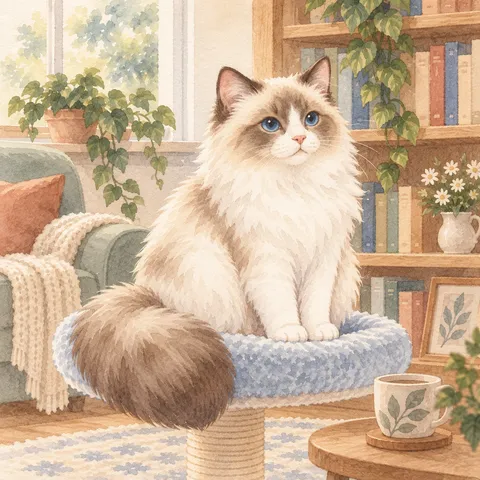 Ragdoll · Mirando la habitación desde una plataforma baja