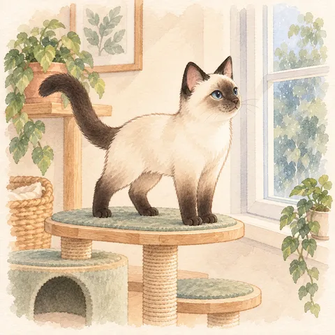 Siamés · Una pausa a mitad del árbol para gatos
