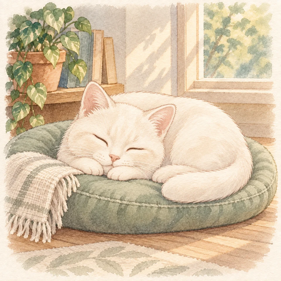Gato blanco · Una nube sobre el cojín verde salvia
