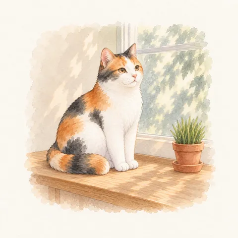 Calico · Looking out from the window bench