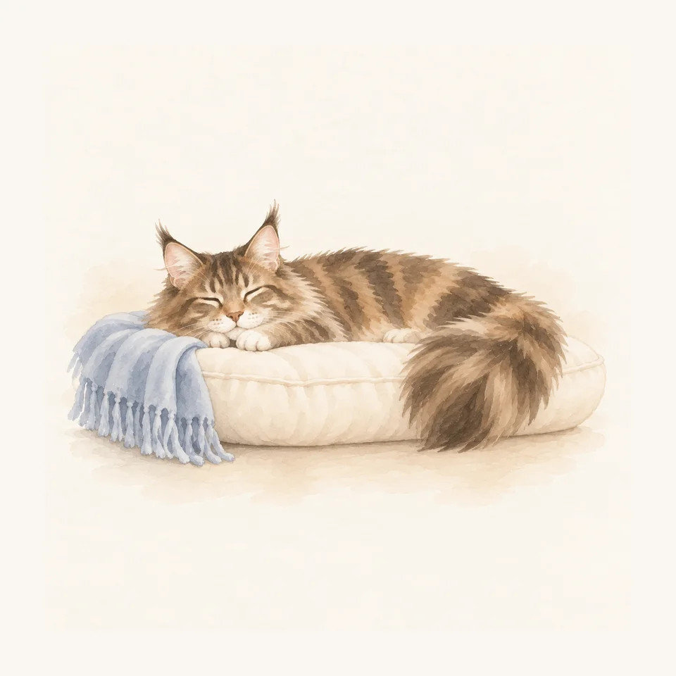 Maine Coon · Estirándose sobre el cojín largo