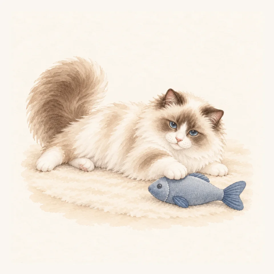 Ragdoll · Una pata que alcanza despacio el pez de tela