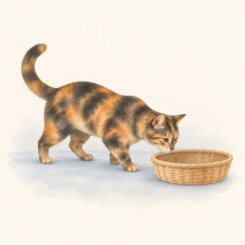 Tortoiseshell · Sniffing the empty basket first