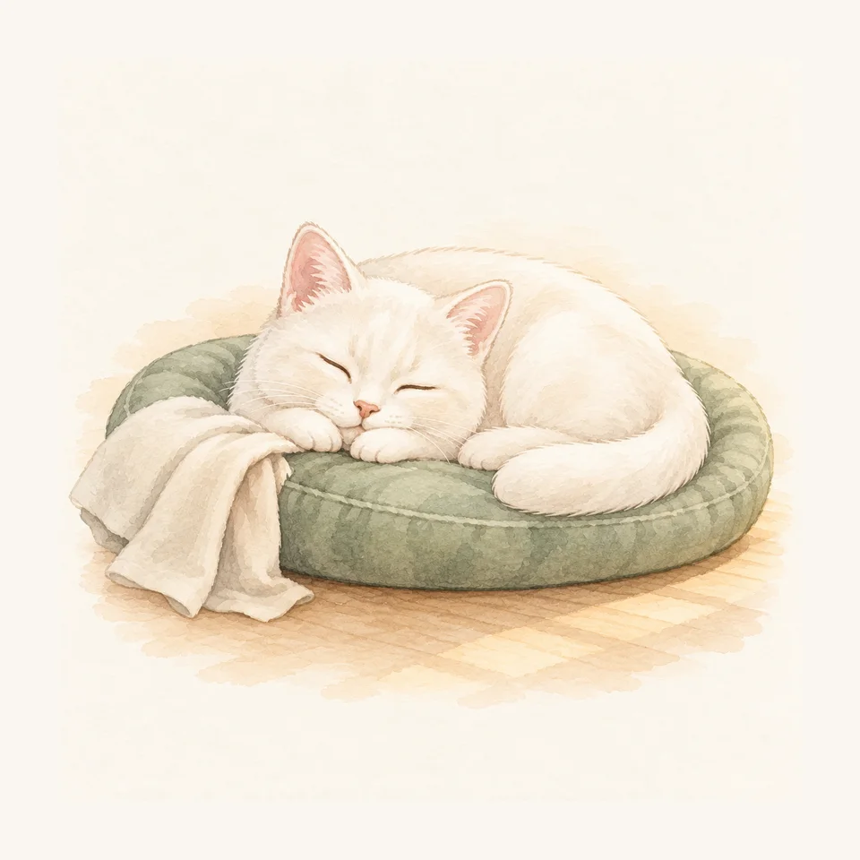 흰 고양이 · 세이지색 방석 위에 동그랗게 웅크리기