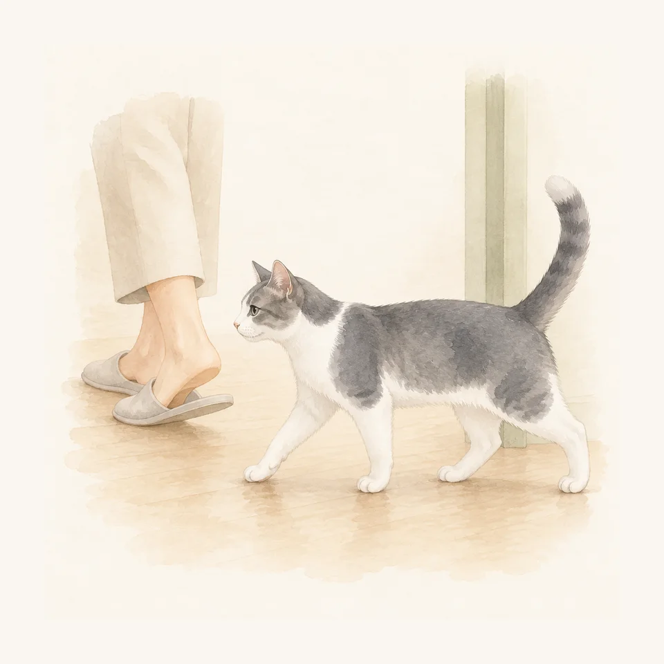 Watercolor of an adult gray-and-white cat walking behind a caregiver’s slippered feet at home.