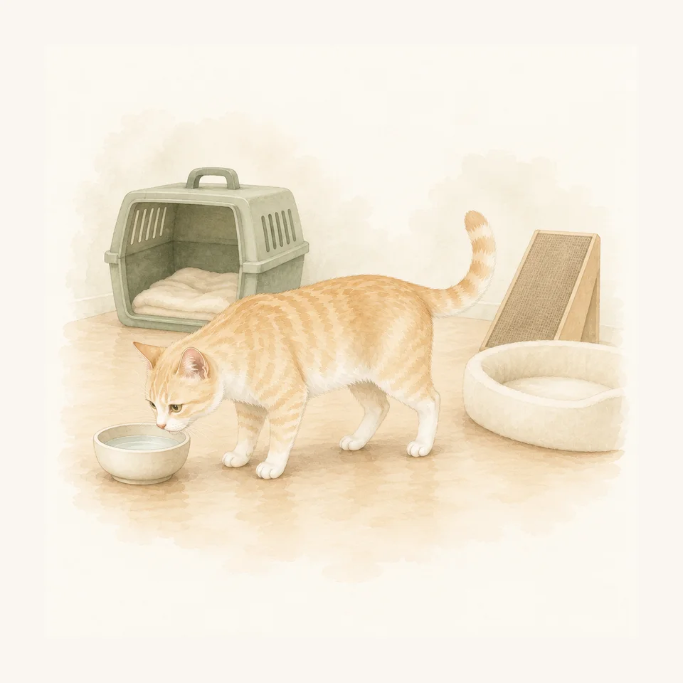 Acuarela de un gato adulto naranja y blanco junto a un cuenco de agua, con un transportín abierto, un rascador y una cama detrás.