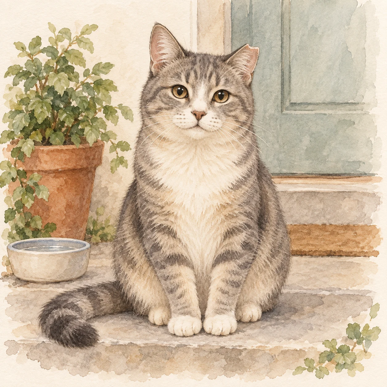 耳先に治癒した平らなカットのしるしがある灰色の猫。玄関の段に座り、そばに水の器がある水彩画。