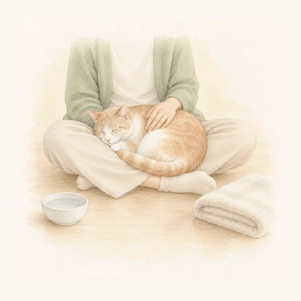 A cream and ginger cat asleep in the lap of someone sitting cross-legged on the floor, with a water bowl and a folded blanket beside them.