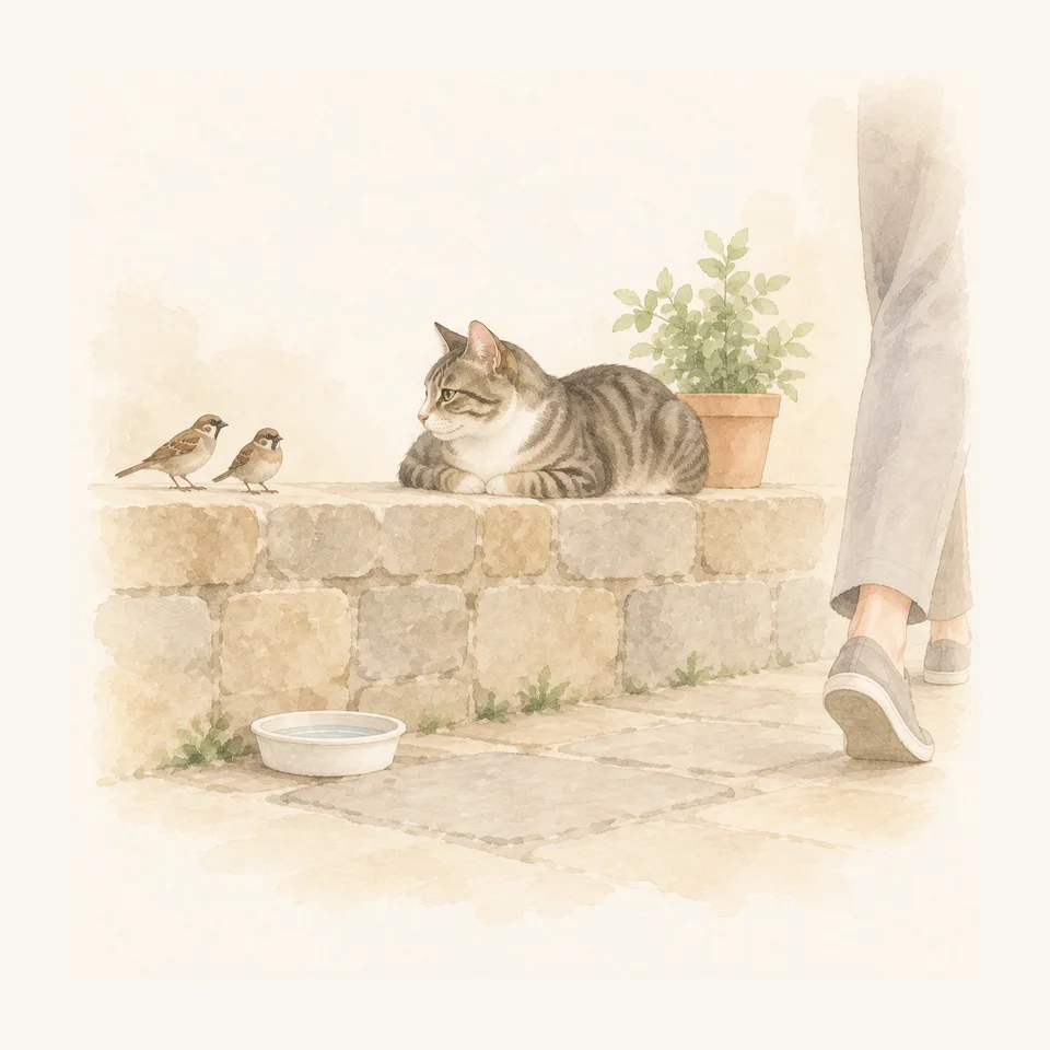 A tabby cat resting on a low stone wall watching two sparrows, with a water dish below and a passer-by’s legs to the side.