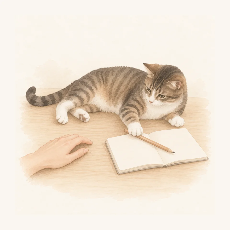 A tabby cat lying on a table, one paw on a pencil beside an open blank notebook, a person’s hand resting nearby.